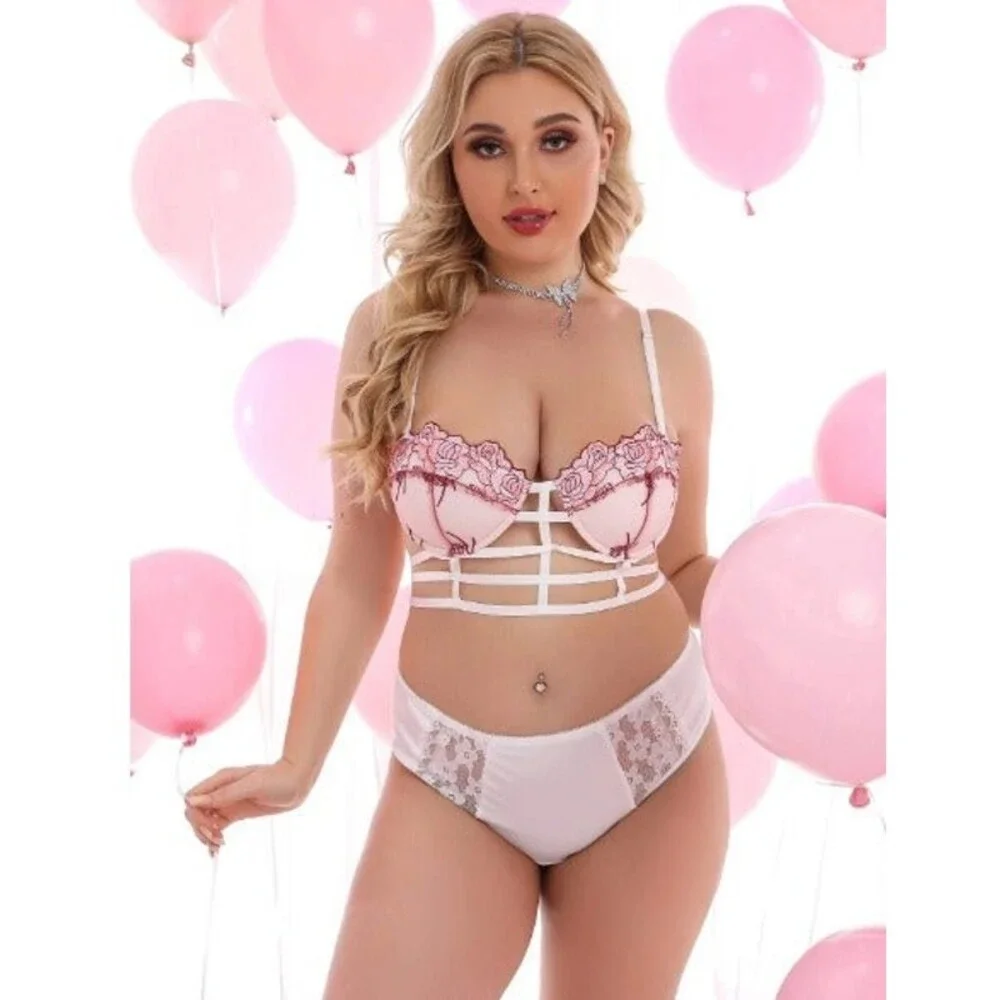 16 Plus (2X) Pink Embroidery Hollow Out Underwire Bra 40F,40G,42D,42E,42F,44C,